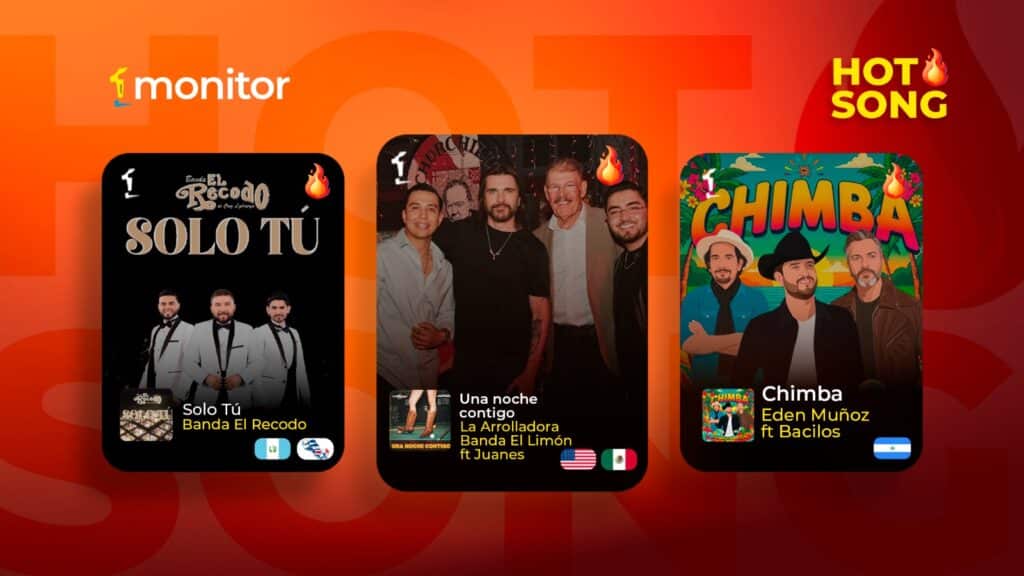 # Hot Songs de la Semana: Juanes, La Arrolladora, Steffany Constanza y más encendiendo la radio en Iberoamérica *Las canciones que están encendiendo la radio en Iberoamérica* Las emisoras de la región se llenan de energía, fusiones inesperadas y voces que siguen marcando tendencia. Esta semana, las Hot Songs de **monitorLATINO** destacan colaboraciones potentes, regresos icónicos y apuestas musicales que capturan las emociones del público. Del regional mexicano al merengue, de la cumbia peruana al pop anglo que cruza fronteras: este es el termómetro más preciso de lo que suena con fuerza **hoy** en Iberoamérica. Del 17 al 23 de Noviembre, 2025 --- # **Hot Song México y USA** ### **“Una Noche Contigo” – La Arrolladora Banda El Limón ft. Juanes** La Arrolladora Banda El Limón y Juanes rompen esquemas con «Una Noche Contigo», la Canción Trending de la Semana en México. La colaboración reúne la potencia sinaloense y el ADN pop-rock del colombiano en una balada bailable que está conquistando millones de reproducciones. Compuesta por Juanes, Edgar Barrera y Julio Reyes Copello, esta mezcla de tradición y frescura marca uno de los estrenos más sólidos de la temporada. --- # **Hot Song República Dominicana** ### **“Lo Mio Es Gozarme La Navidad” – Steffany Constanza ft. Fernando Villalona** Steffany Constanza celebra la temporada navideña con un merengue moderno que honra sus raíces. Con el legendario Fernando Villalona como invitado, esta pieza combina tradición y actualidad, consolidando a Steffany como una de las voces jóvenes más sólidas del género. --- # **Hot Song Colombia** ### **“Bandido” – Ciro Quiñonez ft. Juancho Agudelo** “Bandido” explora el desencanto emocional y la idea de blindar el corazón tras una traición amorosa. Una metáfora poderosa de cómo el dolor transforma nuestra forma de amar, interpretada con la sensibilidad característica del regional colombiano. --- # **Hot Song Guatemala Y Centroamérica** ### **“Solo Tú” – Banda El Recodo** La “Madre de Todas las Bandas” regresa con un tema vibrante que combina emoción, tradición y modernidad. “Solo Tú” mantiene el sello clásico de El Recodo, demostrando que su sonido sigue marcando generaciones en toda la región. --- # **Hot Song Ecuador** ### **“Lágrimas de Despecho” – Arelys Henao ft. Heredero** Una colaboración nacida desde la raíz de la música popular colombiana. Arelys Henao y Heredero unen talentos en un canto al desamor profundo, con un videoclip filmado en Copacabana (Antioquia). Una pieza honesta, emotiva y cargada de identidad. --- # **Hot Song Venezuela** ### **“No Me Falta Nada” – Gustavo Elis** Elis entrega un tema romántico que celebra la plenitud emocional y la complicidad de pareja. Una canción cálida y optimista que conecta con quienes viven un amor que lo llena todo. --- # **Hot Song Chile** ### **“Incorregible” – Jory Boy ft. Chencho Corleone** Un encuentro urbano cargado de deseo, intensidad y encuentros que se encienden y se apagan. La colaboración destaca por su vibra sensual, beats modernos y química vocal. --- # **Hot Song Argentina** ### **“Vas A Quedarte” – Diego Torres ft. Manuel Carrasco** Desde el álbum *Mi Norte & Mi Sur*, este focus track se posiciona por su fuerza emocional. Una balada poderosa donde Torres y Carrasco unen estilos para entregar un mensaje de amor, esperanza y permanencia. --- # **Hot Song España** ### **“The Fate Of Ophelia” – Taylor Swift** Swift reinterpreta el destino trágico de Ofelia como una metáfora de sanación emocional. Una pieza introspectiva que invita a reflexionar sobre la luz que aparece incluso en los momentos más oscuros. --- # **Hot Song Uruguay** ### **“Típica Argentina” – Nico Valdi ft. Chofer ft. El Lobo** Una confesión de arrepentimiento convertida en canción. El tema narra la pérdida de un amor invaluable con una mezcla de nostalgia y movimiento. --- # **Hot Song Paraguay** ### **“Where Is My Husband” – Raye** RAYE desata vulnerabilidad y frustración en un track que ha explotado en TikTok con más de 300 mil videos. El sencillo, parte de su próximo álbum (2026), muestra su fuerza narrativa y emocional. --- # **Hot Song Perú** ### **“Senderito del Amor” – Grupo 5** Grupo 5 reinventa este clásico colombiano en clave de cumbia peruana. Un homenaje cargado de sentimiento, especialmente significativo para Christian Yaipén por la conexión familiar con la canción. --- # **Hot Song Bolivia** ### **“Flaka” – The Prodigiez ft. Hamilton CO ft. Kapo ft. Maisak ft. Maluma ft. Zaider** Una oda a la belleza femenina en clave urbana. Metáforas florales, devoción y un ensamble de colaboraciones que potencia su atractivo. --- # **Hot Song Nicaragua** ### **“Chimba” – Eden Muñoz ft. Bacilos** Una colaboración soñada por Muñoz desde sus inicios como compositor. “Chimba” formará parte de *Eden Vol. II*, y celebra el encuentro entre generaciones y estilos dentro de la música latina. --- # **Hot Song Puerto Rico** ### **“Feliz Navidad / I Wanna Wish You a Merry Christmas” – Marc Anthony** Marc Anthony trae el espíritu navideño en salsa pura. Una versión vibrante, llena de comunidad, familia y ritmo festivo. --- # **Hot Song Cristiano** ### **“Ayer Y Hoy” – Alex Zurdo** Un mensaje de transformación espiritual: del pasado lleno de errores al presente guiado por propósito y fe. Una invitación a abrazar el cambio con esperanza.