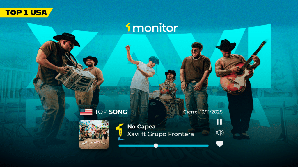 Xavi y Grupo Frontera celebran el #1 del Top monitorLATINO USA con su éxito “No Capea”, consolidando el poder del regional mexicano.