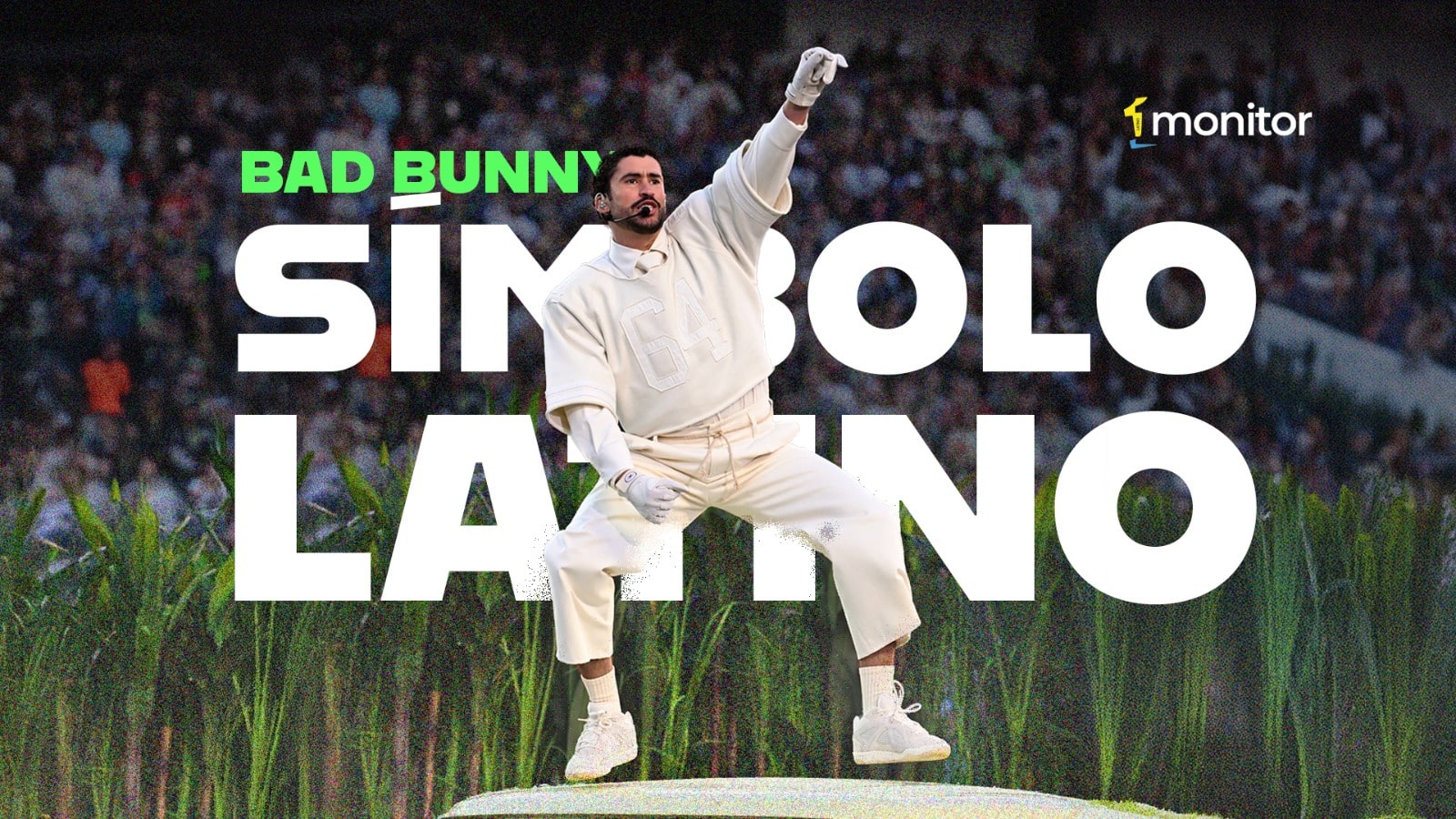 Bad Bunny en el escenario del Super Bowl LX rodeado de símbolos puertorriqueños y banderas latinoamericanas.