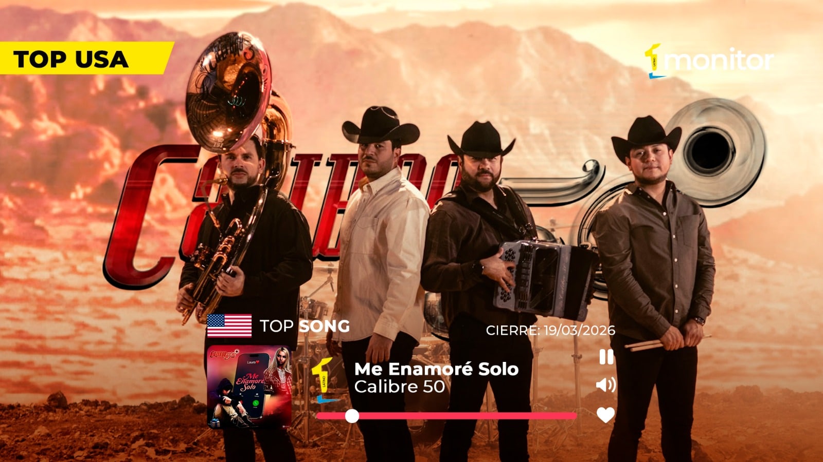 Calibre 50 interpretando Me Enamoré Solo, canción #1 en monitorLATINO USA