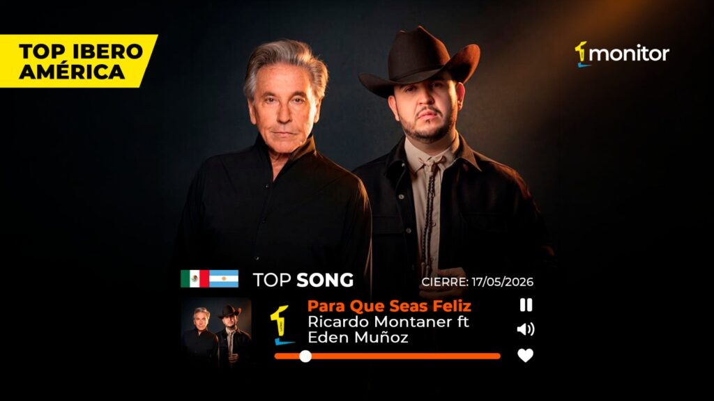 Ricardo Montaner y Eden Muñoz celebrando el éxito de “Para Que Seas Feliz” en los rankings monitorLATINO.