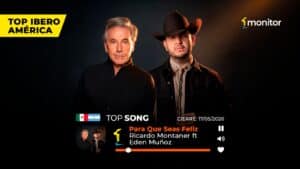 Ricardo Montaner y Eden Muñoz celebrando el éxito de “Para Que Seas Feliz” en los rankings monitorLATINO.